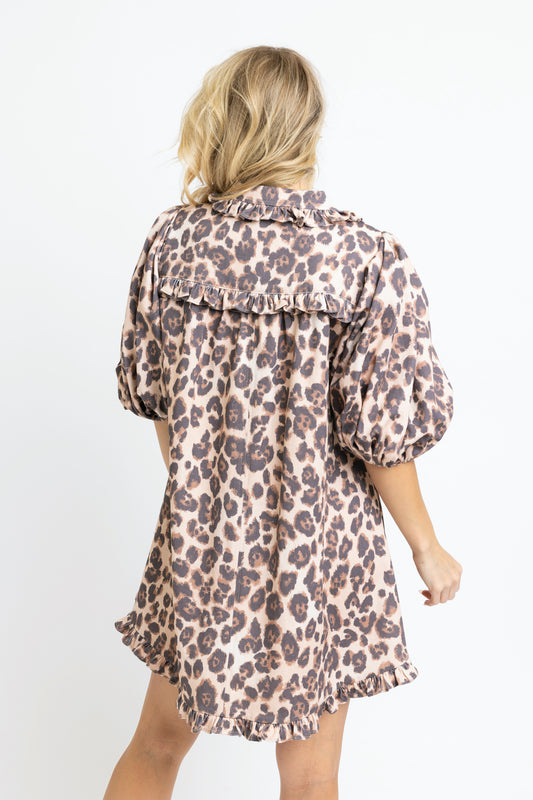 Karlie Leopard Denim Puff Sleeve Dress Back View