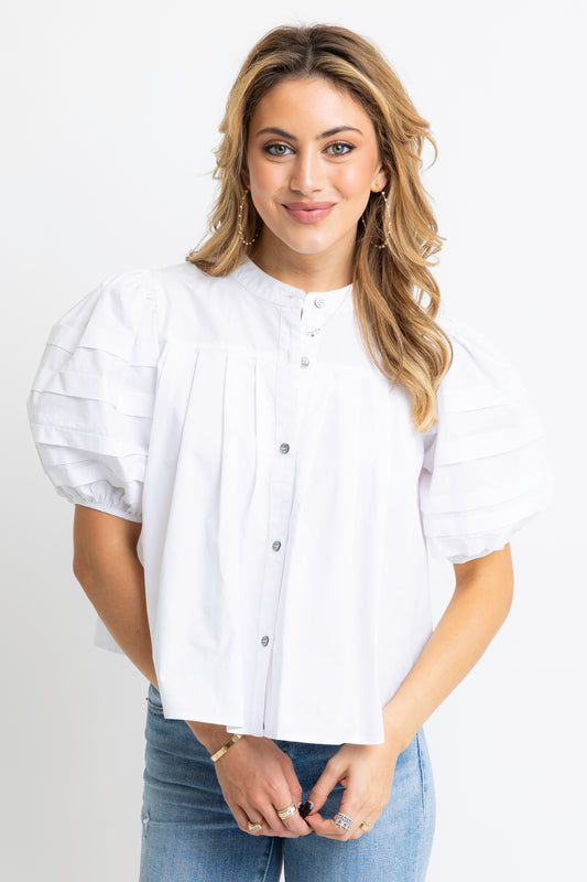 Karlie White Poplin Pleat Slv Top