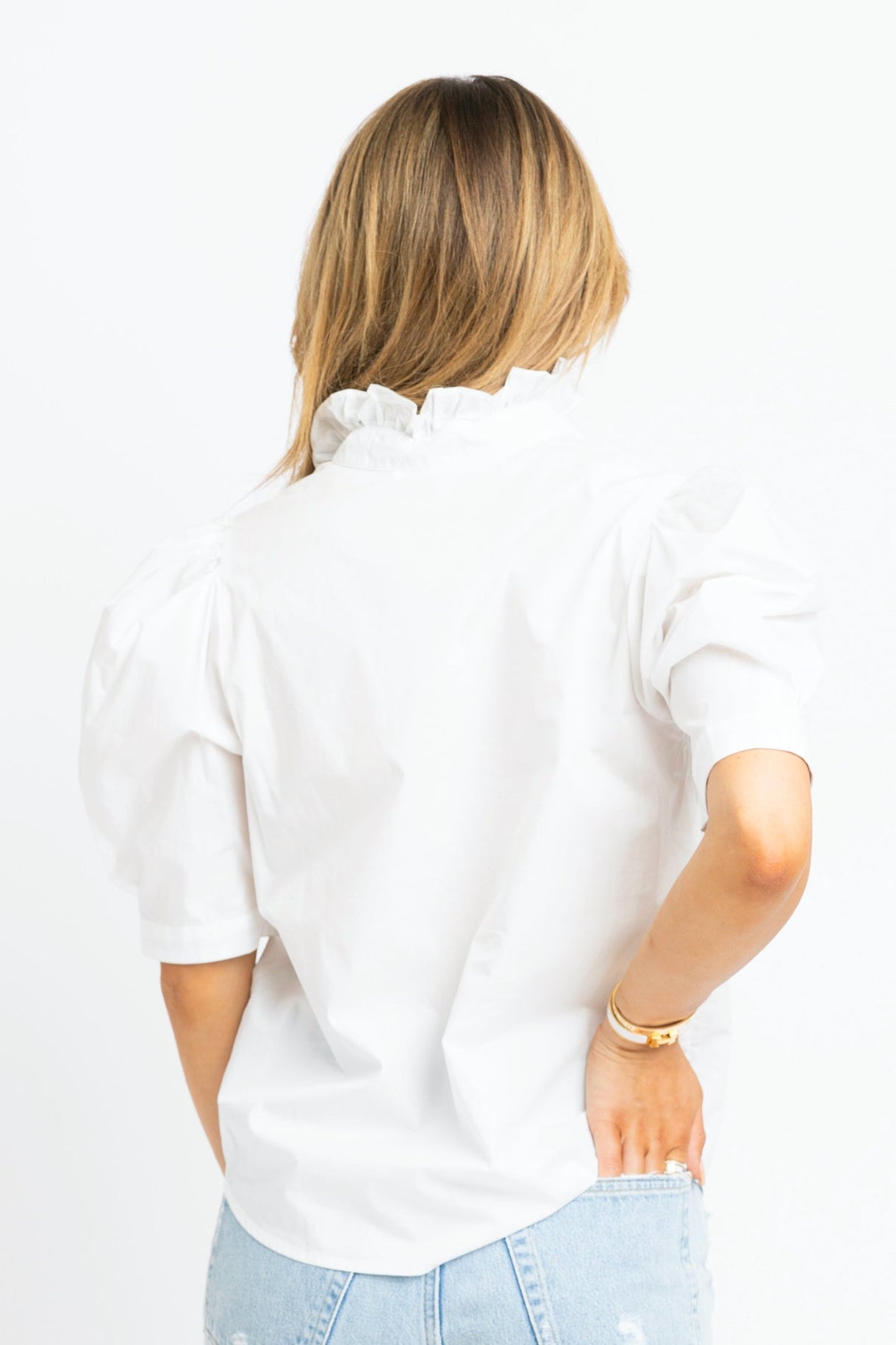 Karlie White Ruffle Neck Puff Slv Top back view