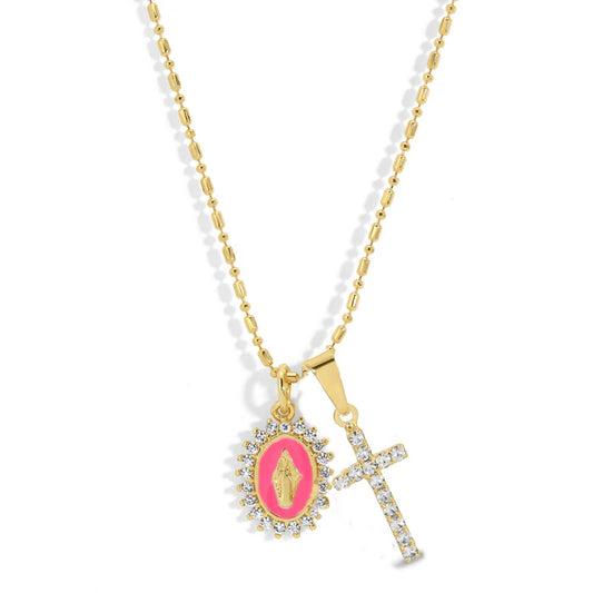 Mini Lourdes Multi Charm Necklace - Hot Pink