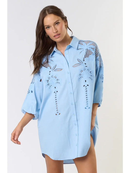 Light Blue Embroidered Shirt Dress