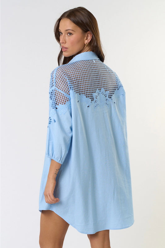 Light Blue Embroidered Shirt Dress