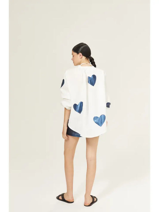 Cupid Linen Shirt - Wht/Dk Blue Hearts