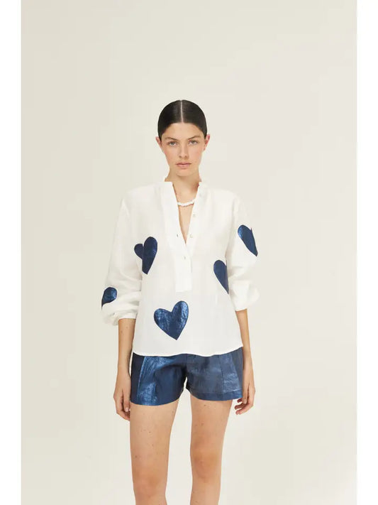 Cupid Linen Shirt - Wht/Dk Blue Hearts