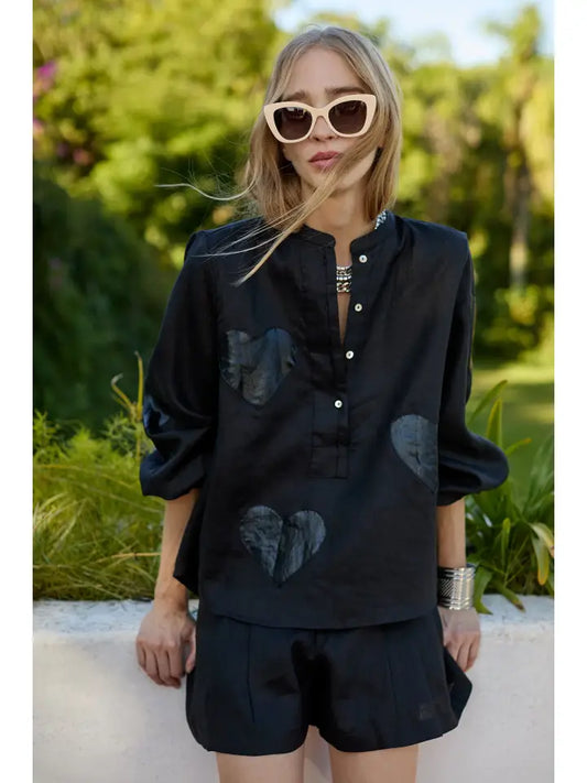 Cupid Linen Shirt - Black/Blk Hearts