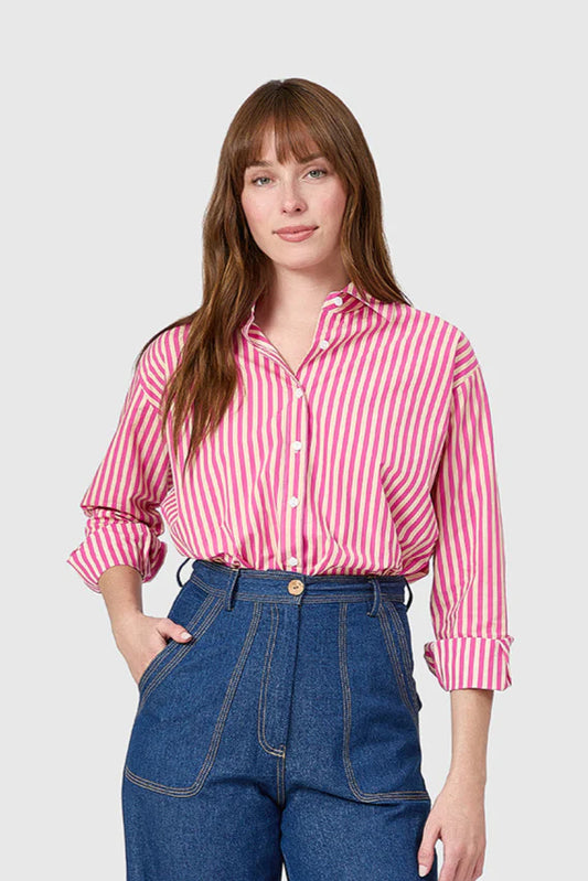Raspberry Pinstripe Boyfriend Shirt