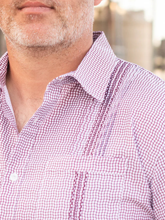 Men's Maroon Check Guayabera Shirt
