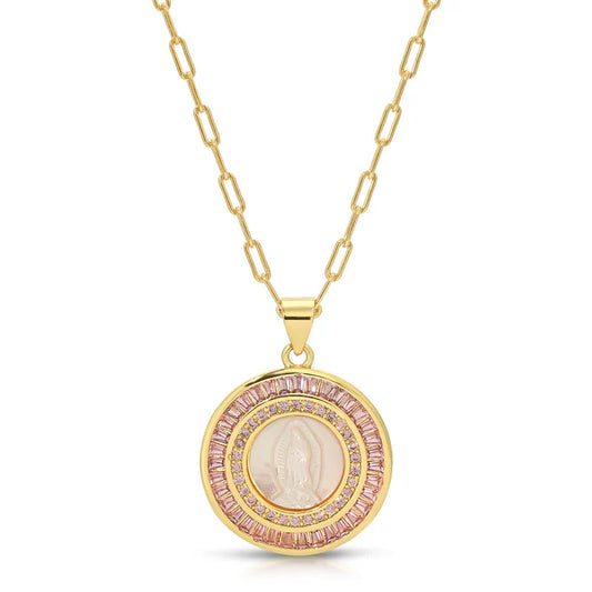 Mother Mary Necklace - Carved Pink Shell