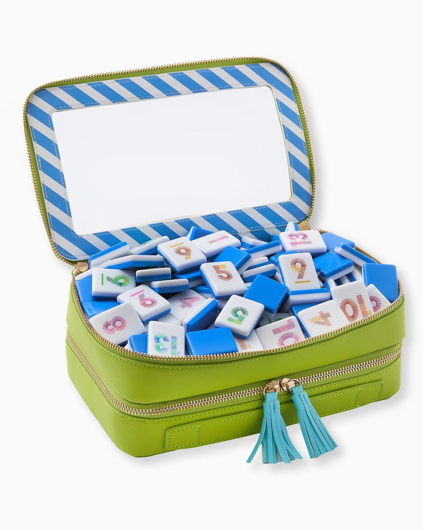Colorful letter and number tiles in a green and blue striped case with tassels.
