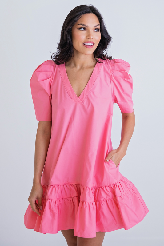 Pink Poplin Puff Sleeve Dress