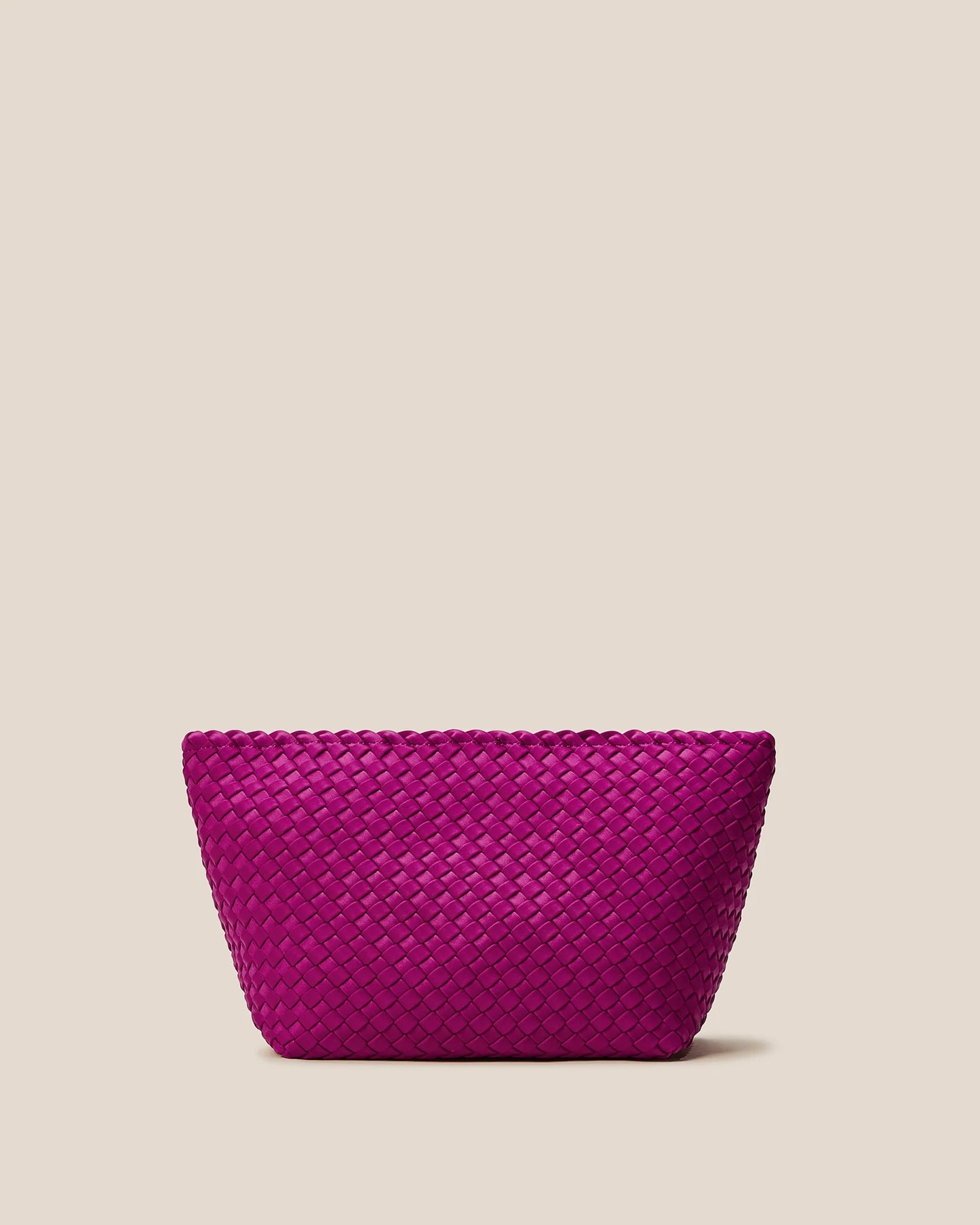 Purple woven handbag on a beige background