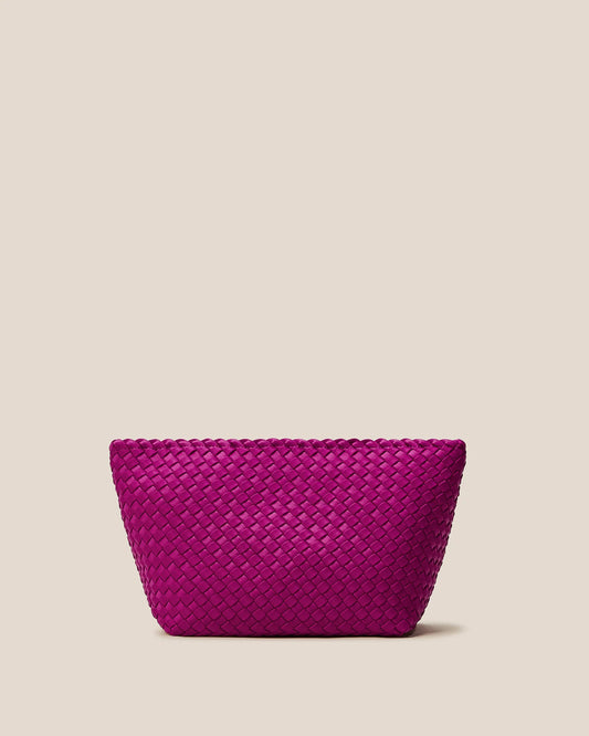 Purple woven handbag on a beige background