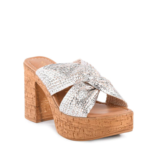 Adorned Metallic Raffia Sandal - Silver