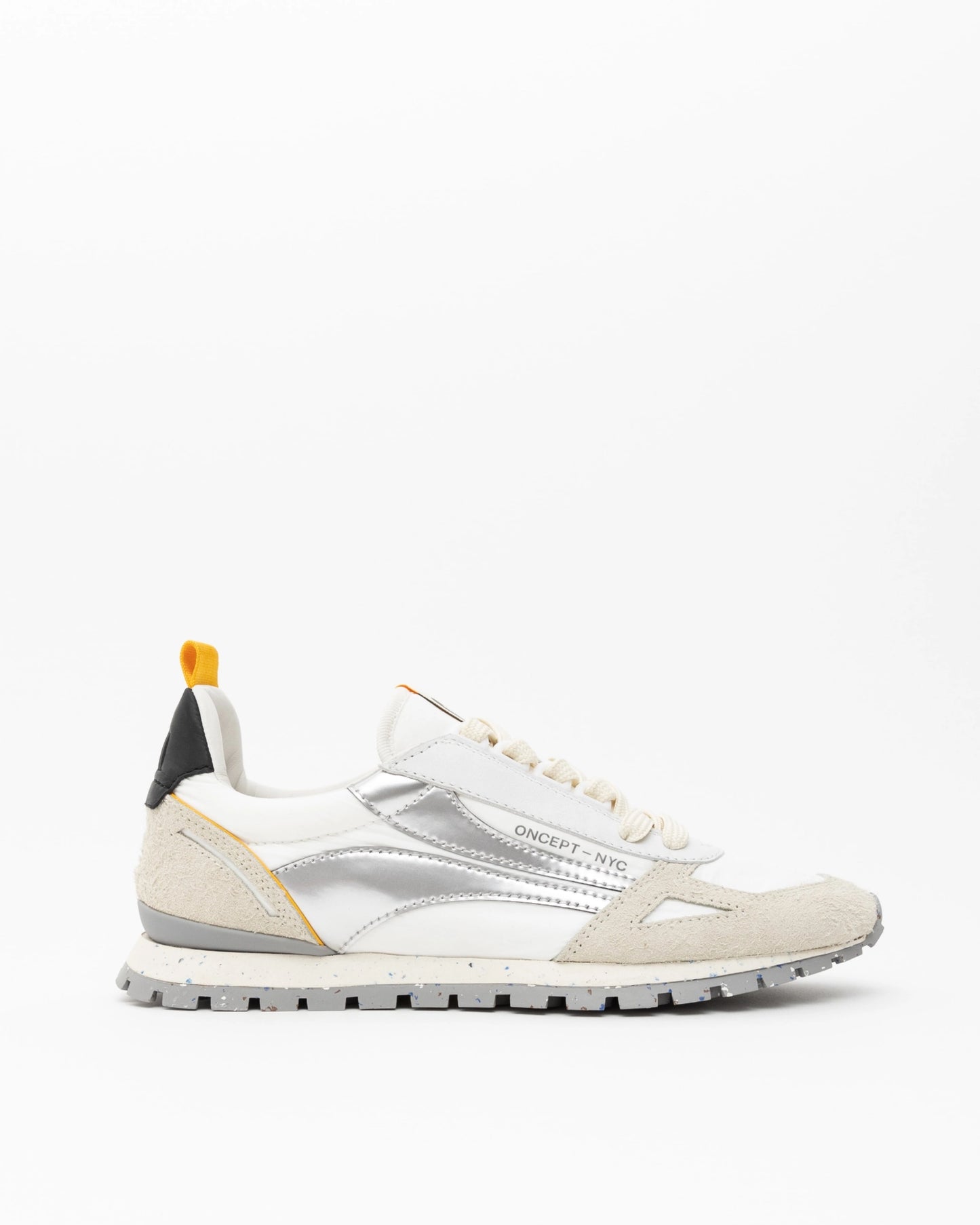 White and gray sneaker with a small flag on a white background