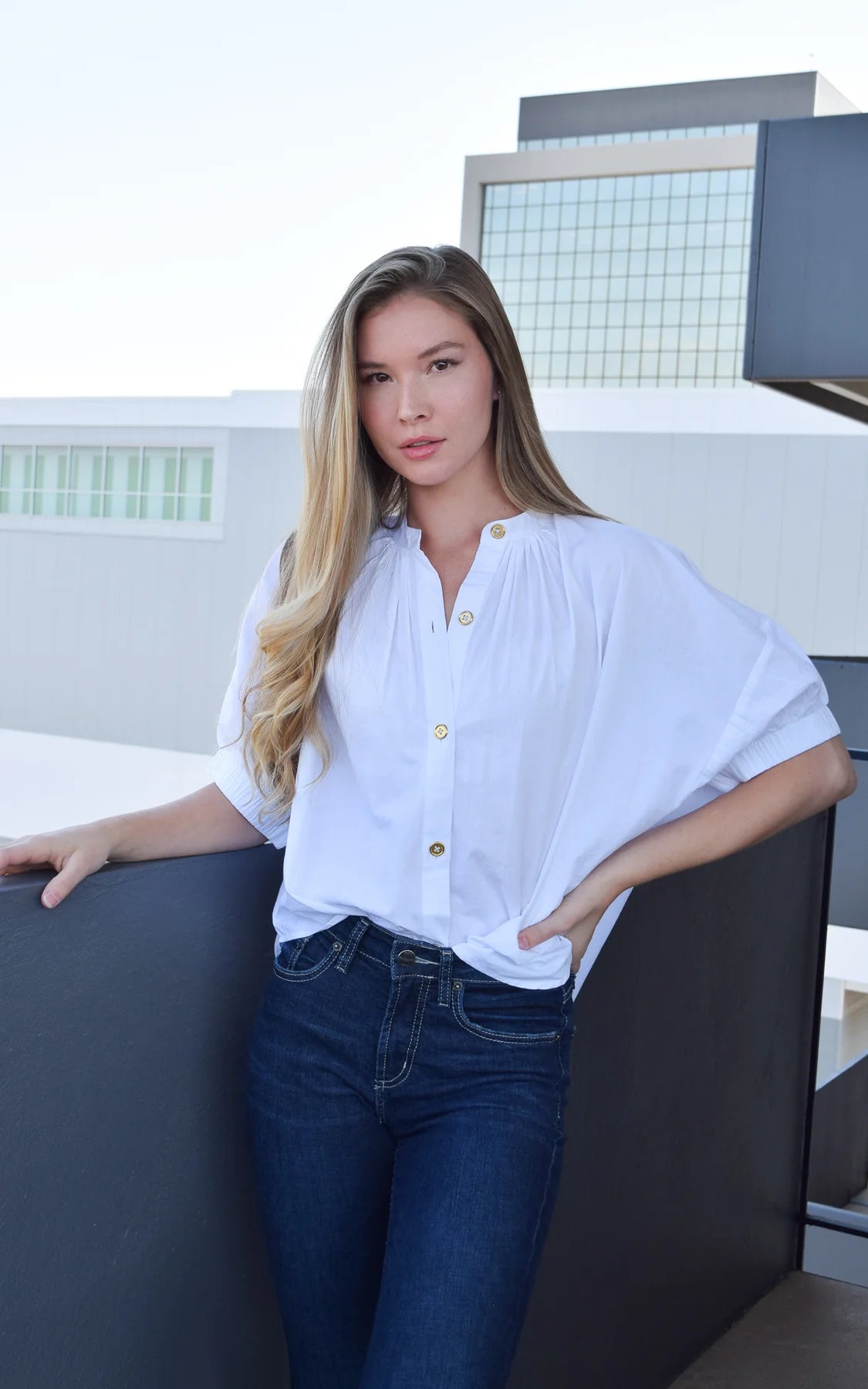 White Elastic Sleeve Top