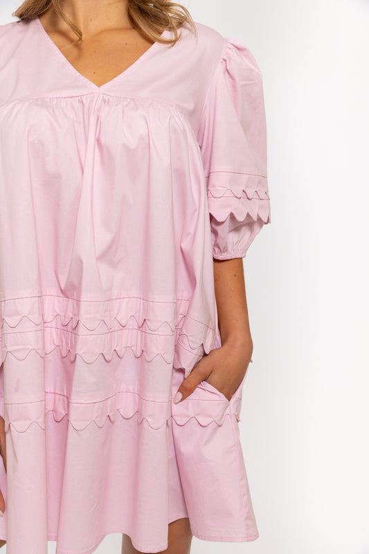 Baby Pink Puff Sleeve Scallop Dress