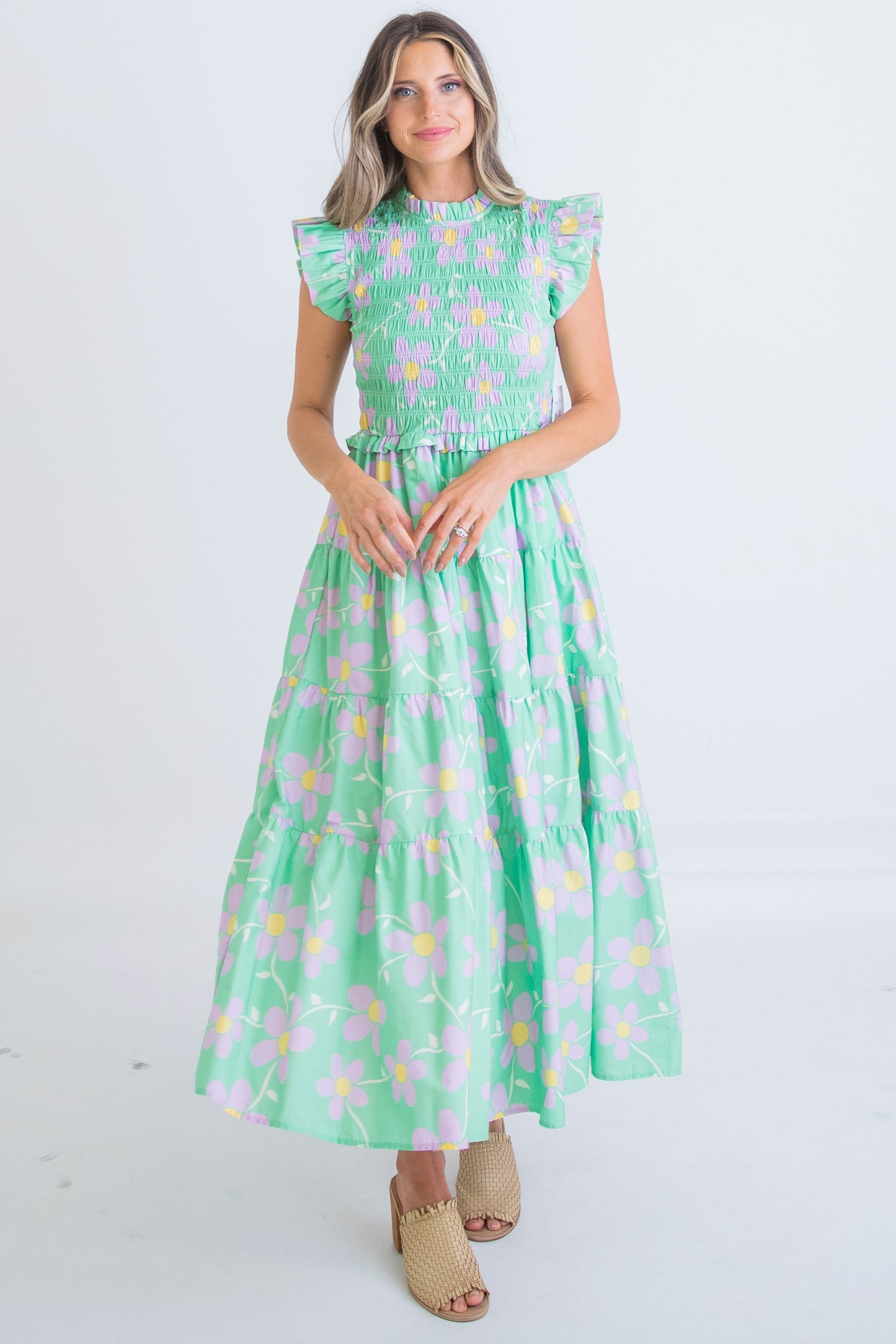 Green Daisy Smock Maxi Dress