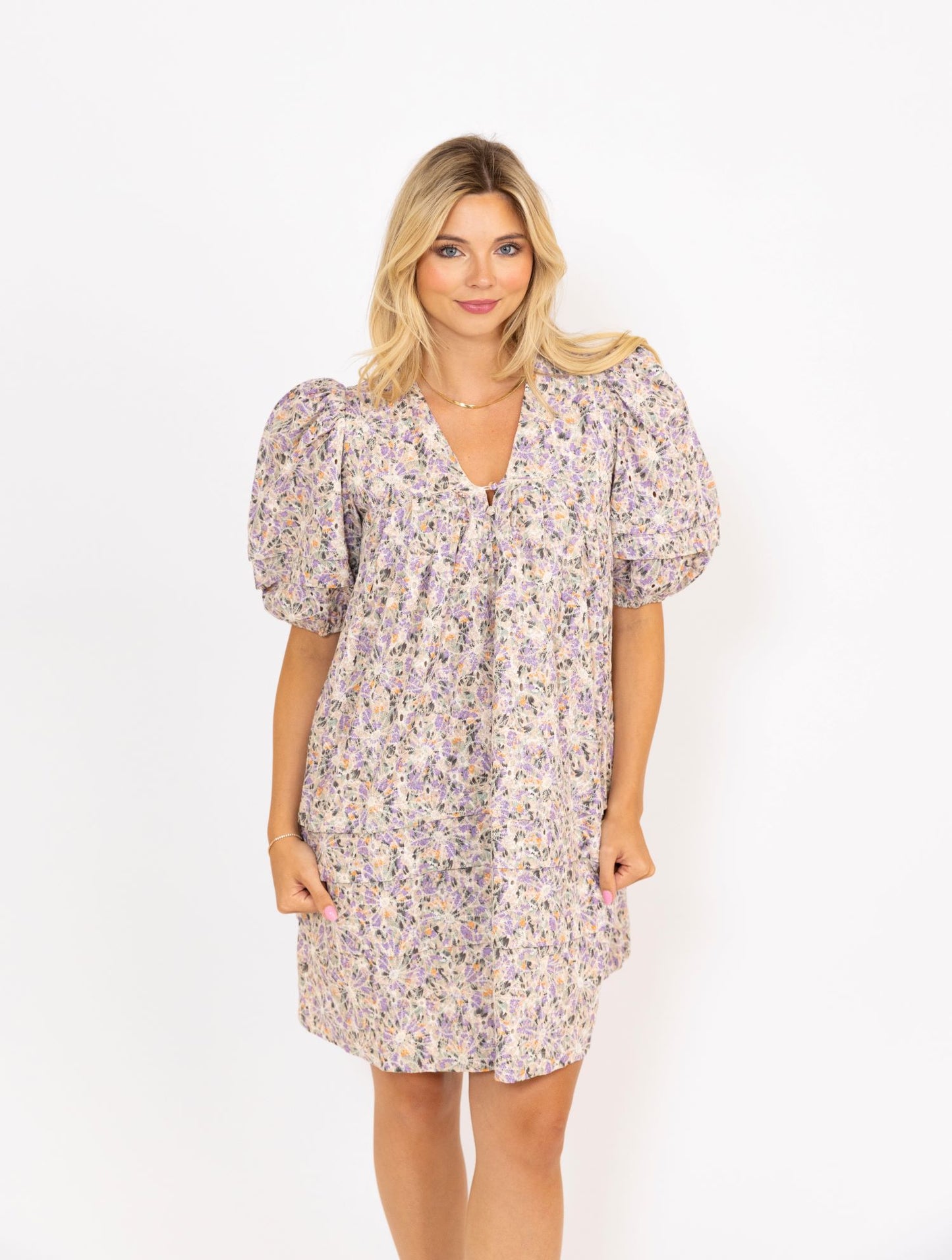 Lilac Floral Puff Sleeve Dress