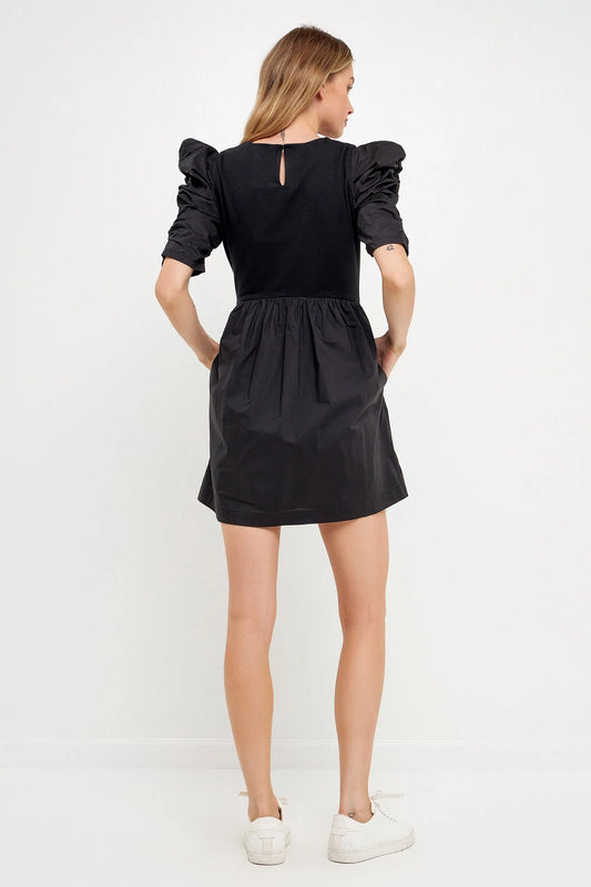 Black Pleated Puff Sleeve Mini Dress