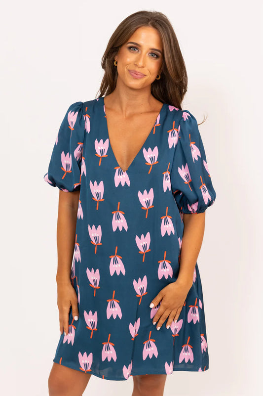 Teal Poppy Vneck Dress
