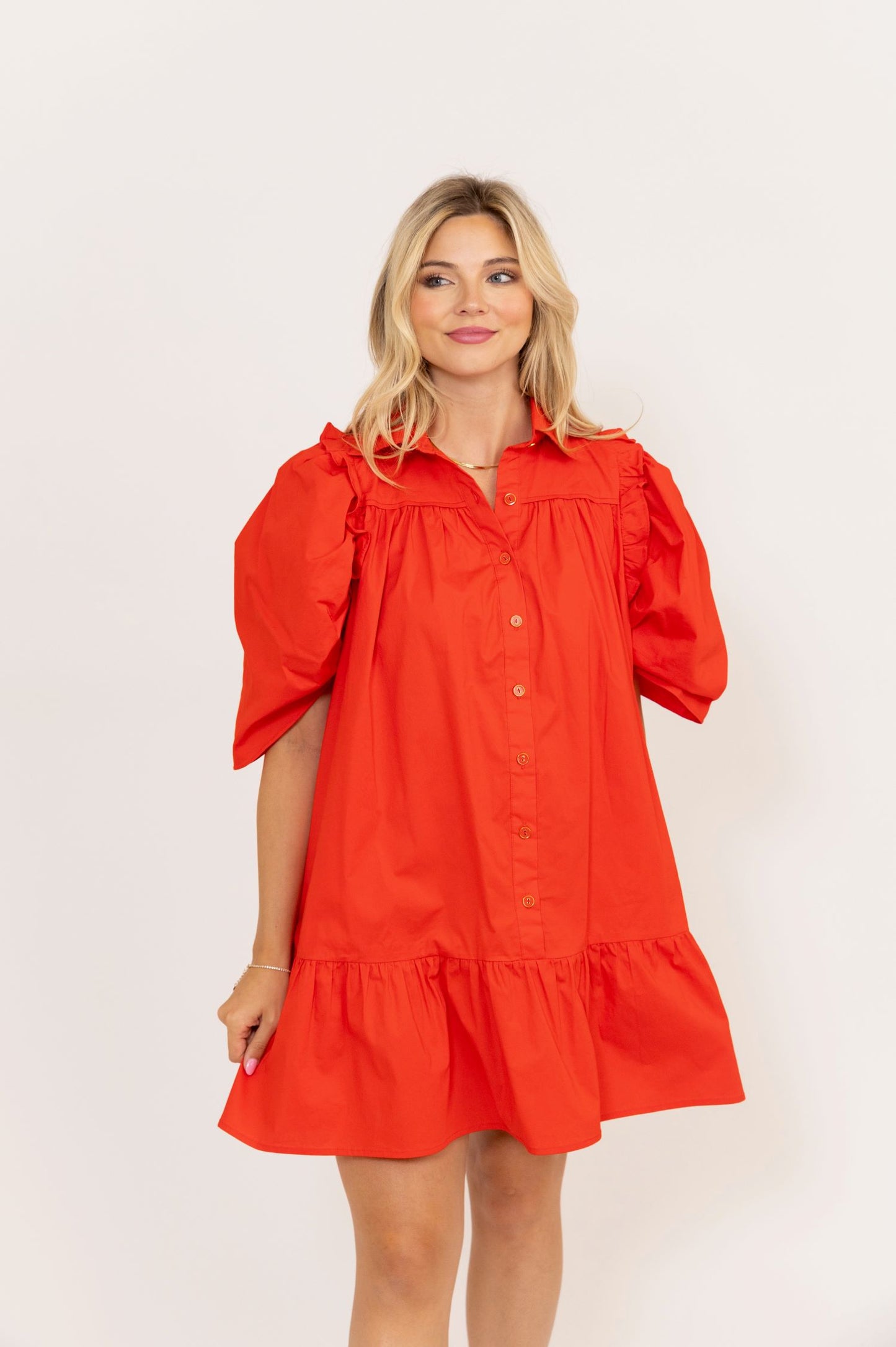 Red Puff Sleeve Ruffle Dress