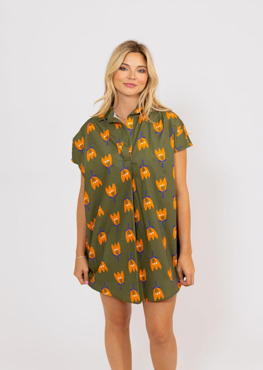 Olive Poppy Collar Shirt Dress