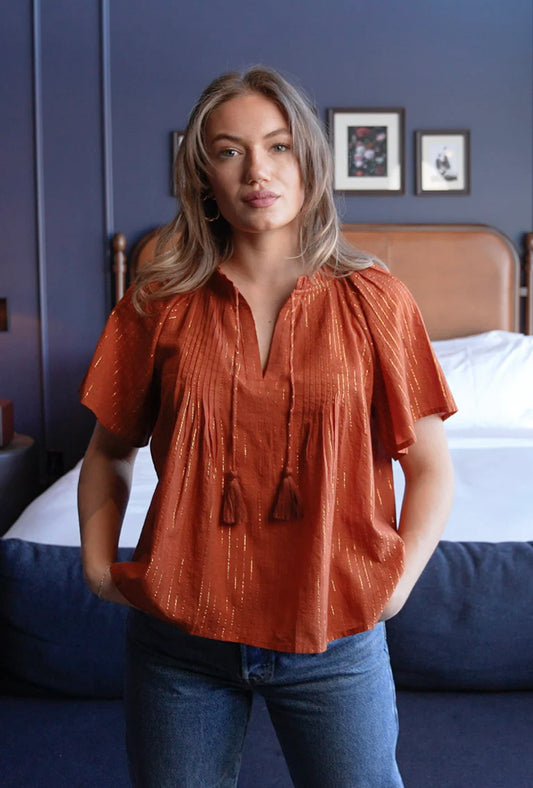 Peasant Top in Rust Pin Stripe