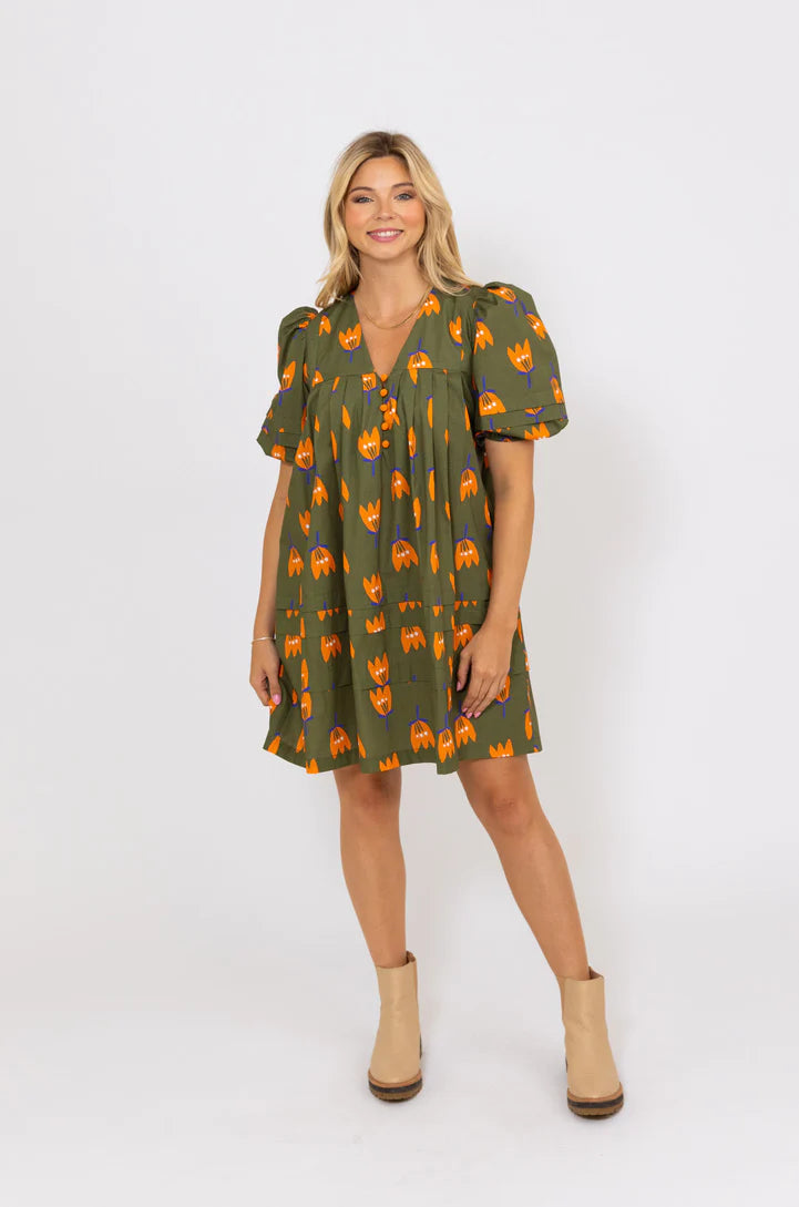 Olive Poppy Puff Sleeve Dress