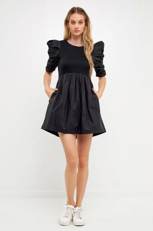 Black Pleated Puff Sleeve Mini Dress